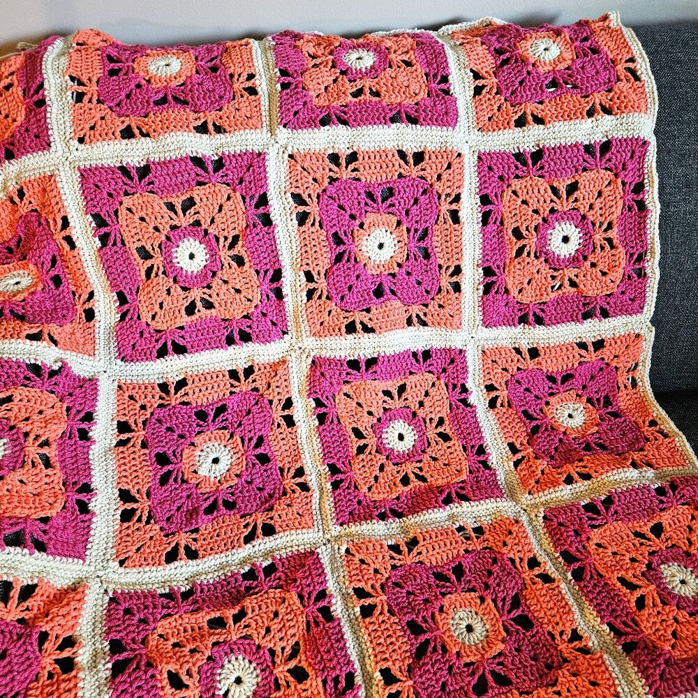 Hand Crocheted Throw Blanket Pink Orange Boho NEW